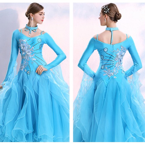 Women girls turquoise competition ballroom dance dresses waltz tango rhinestones stage performance gown